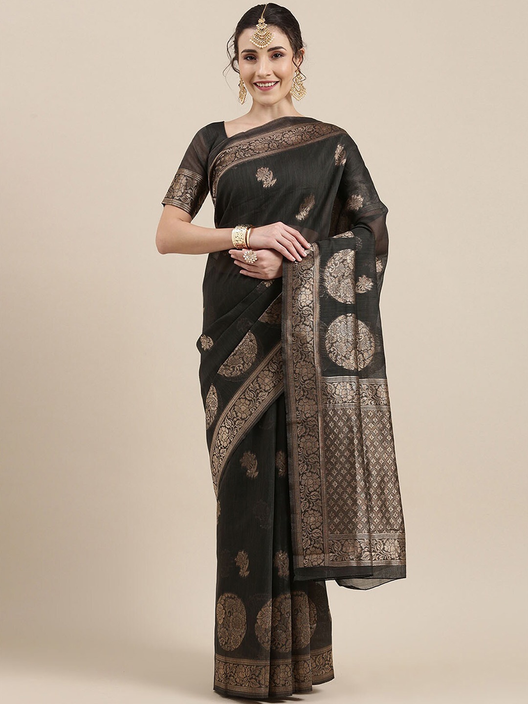 

ODETTE Grey & Gold-Toned Ethnic Motifs Zari Linen Blend Banarasi Saree