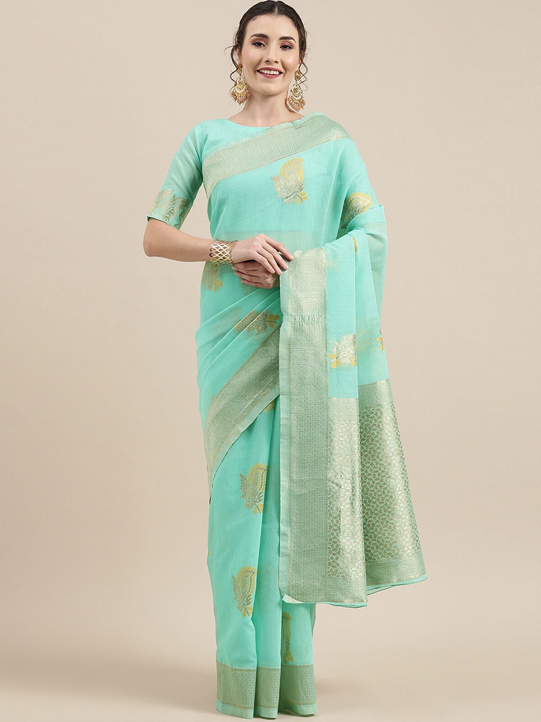 

ODETTE Sea Green & Gold-Toned Ethnic Motifs Zari Linen Blend Banarasi Saree