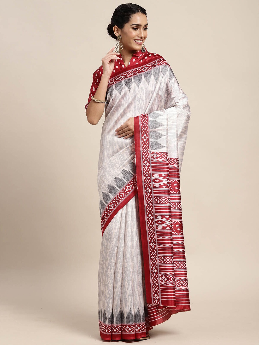 

ODETTE Off White & Red Silk Blend Saree