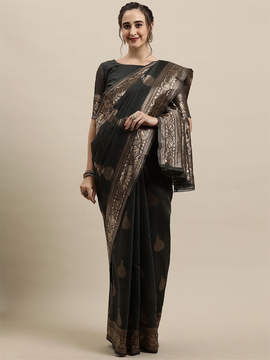

ODETTE Grey & Gold-Toned Ethnic Motifs Zari Linen Blend Banarasi Saree