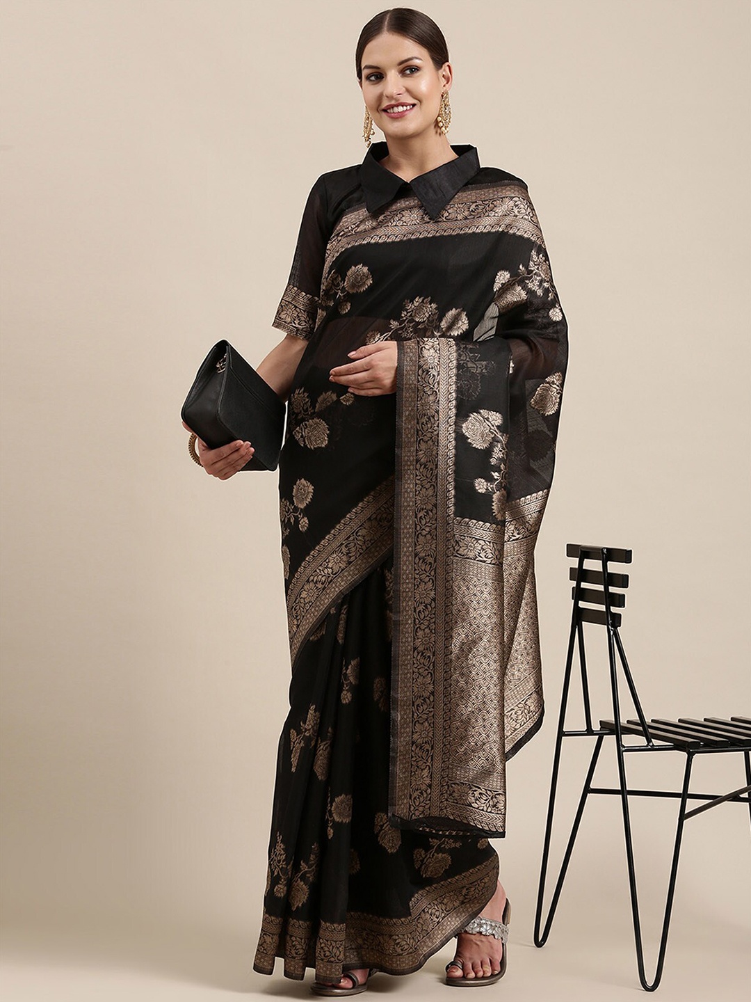 

ODETTE Black & Gold-Toned Ethnic Motifs Zari Linen Blend Banarasi Saree