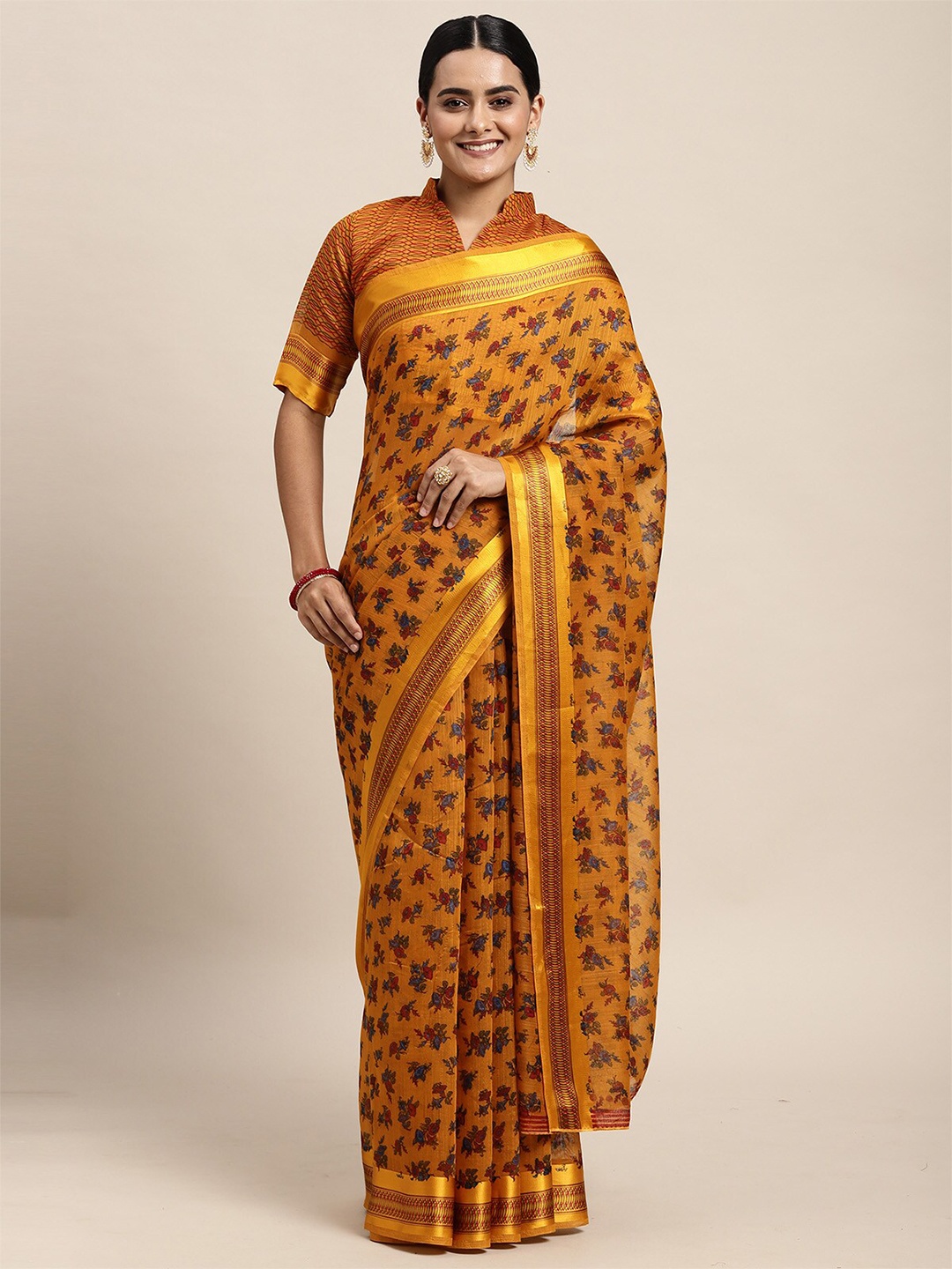 

ODETTE Mustard & Red Floral Zari Silk Cotton Saree