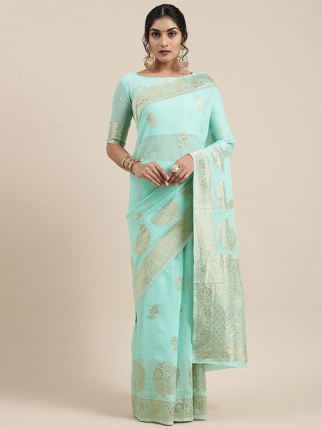 

ODETTE Sea Green & Gold-Toned Woven Design Zari Linen Blend Banarasi Saree