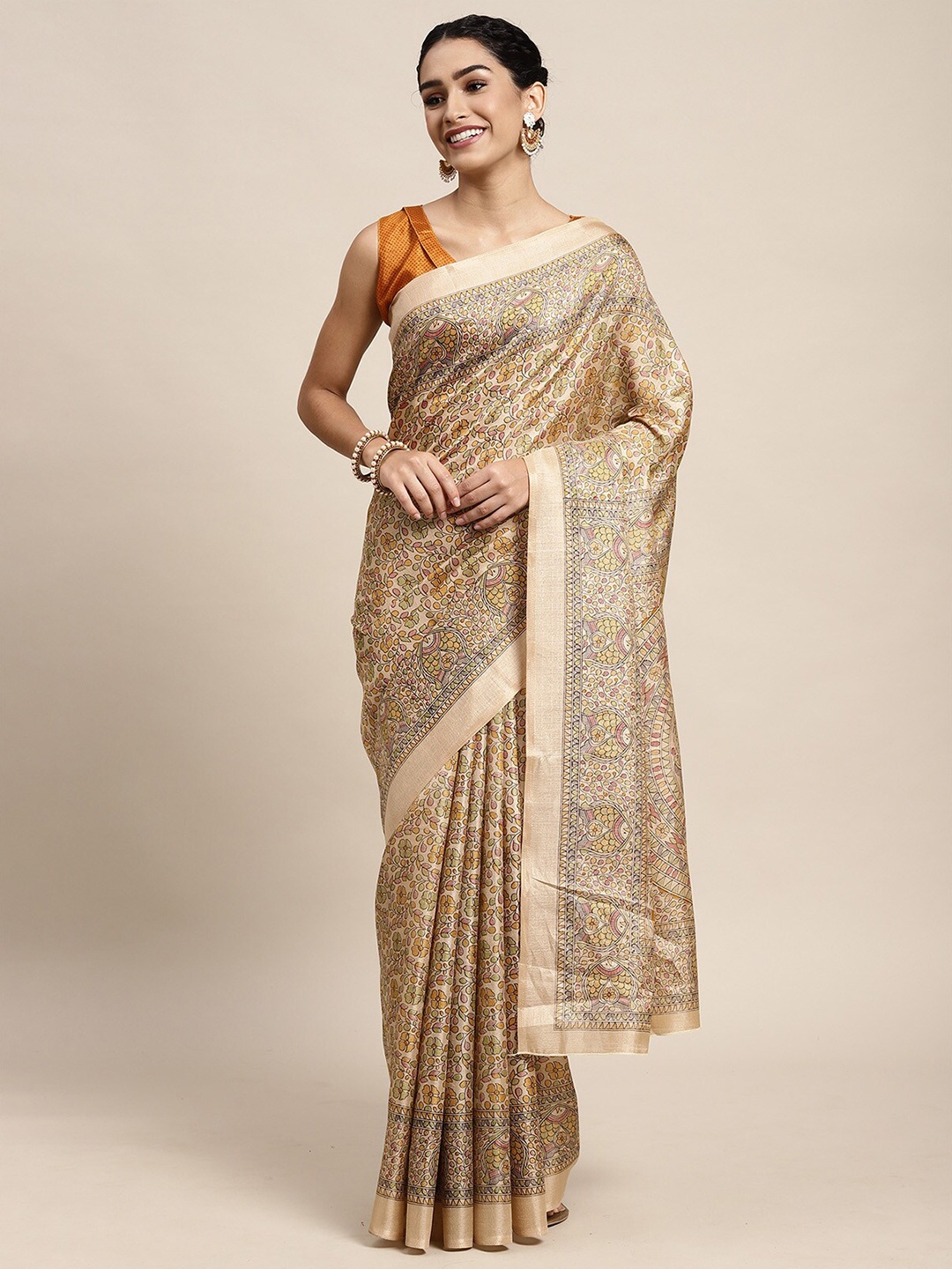 

ODETTE Yellow & Purple Floral Silk Blend Saree
