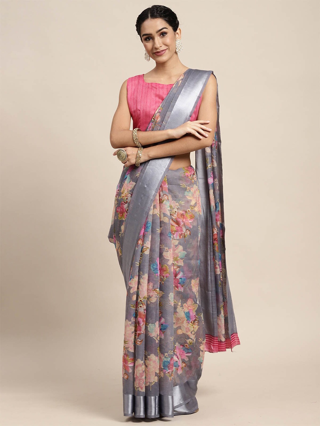 

ODETTE Grey & Pink Floral Zari Linen Blend Saree