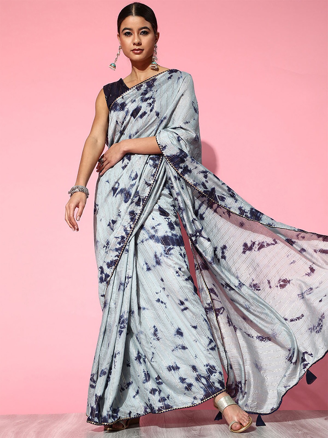 

ODETTE Grey & Blue Silk Blend Saree