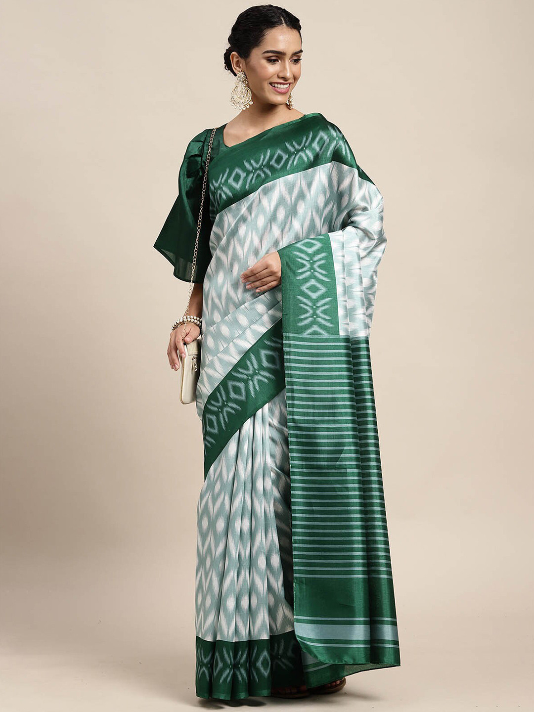 

ODETTE Off White & Green Silk Blend Saree