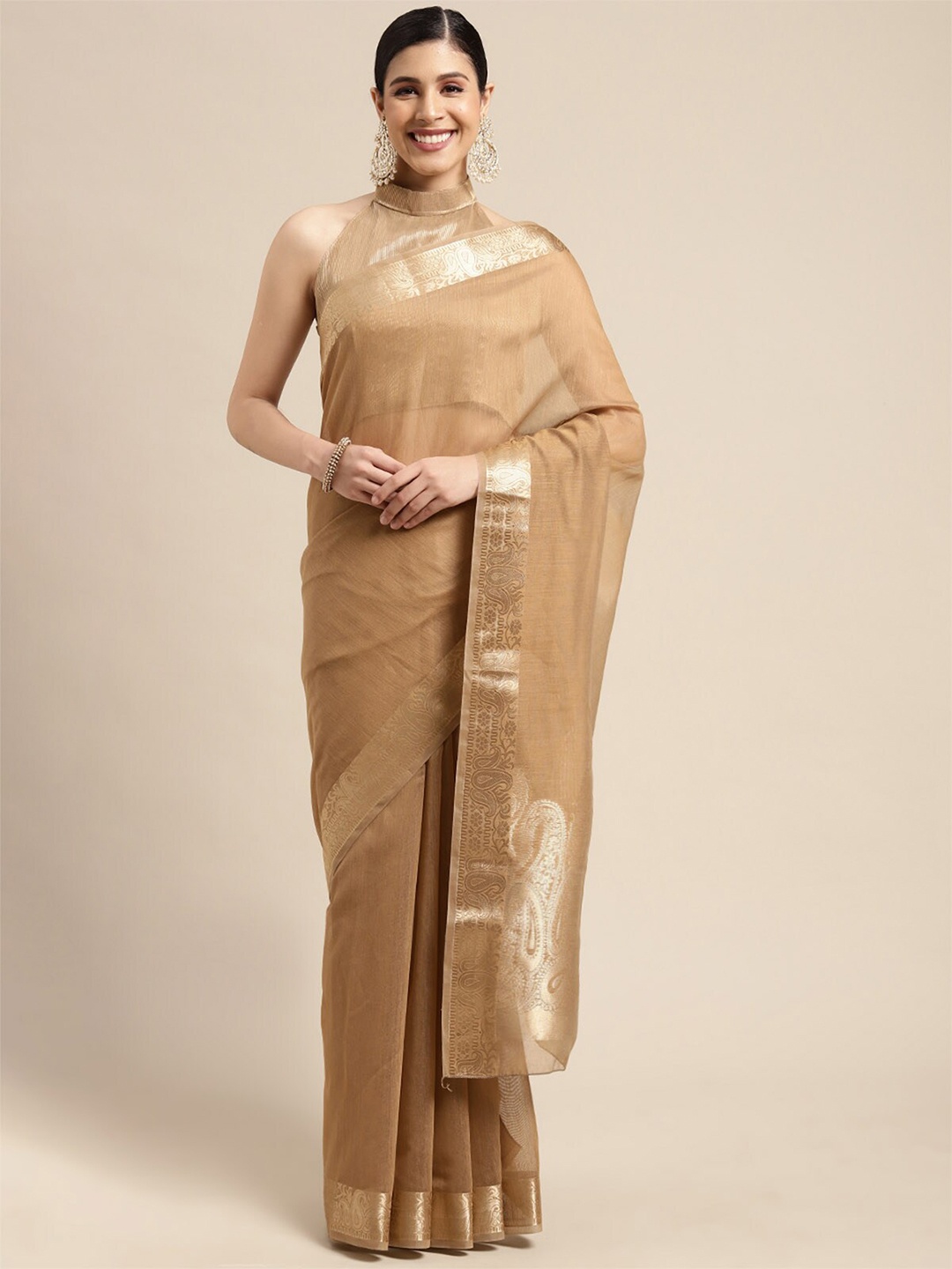 

ODETTE Camel Brown & Gold-Toned Zari Linen Blend Taant Saree