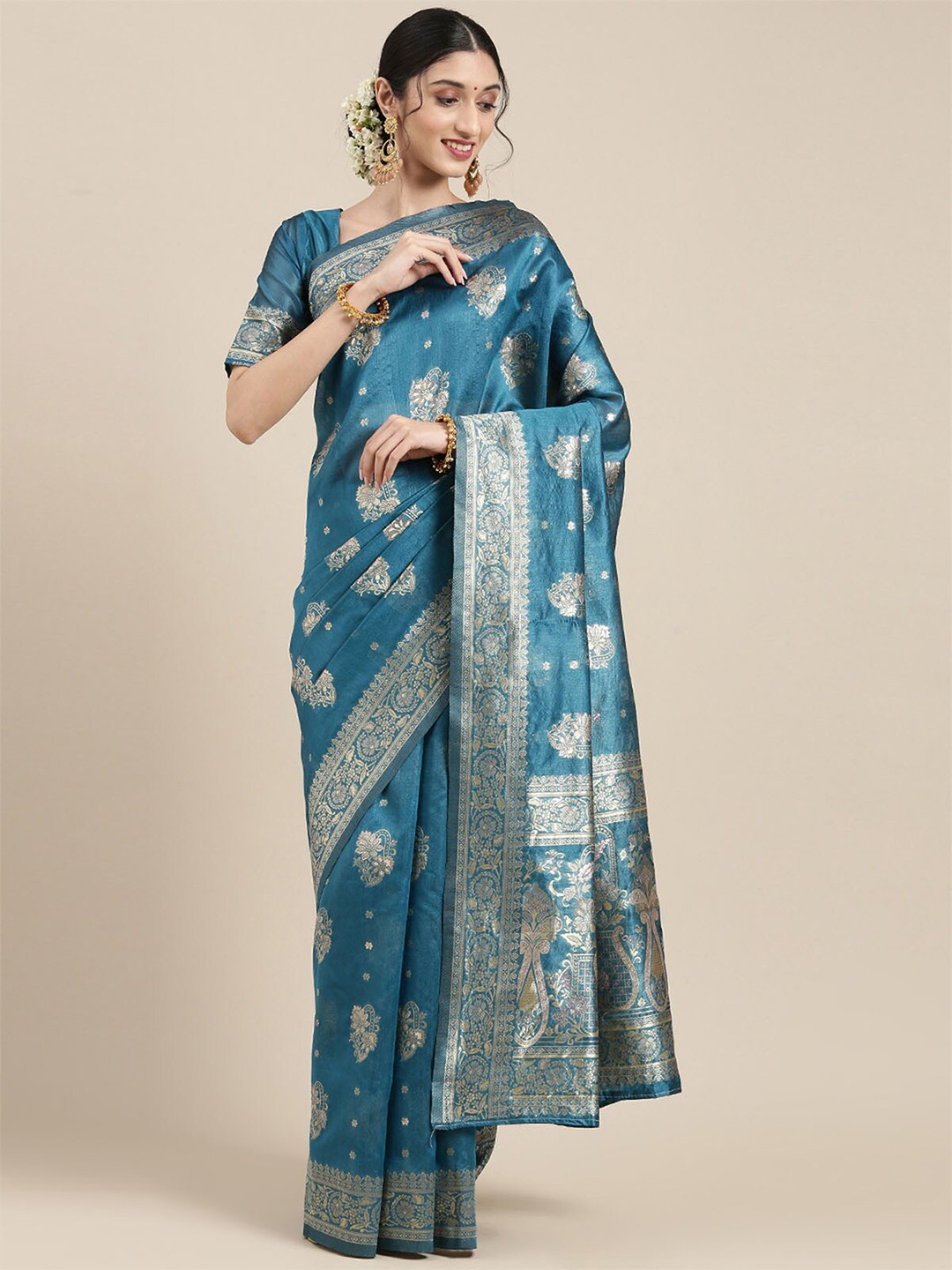 

ODETTE Blue & Gold-Toned Woven Design Zari Baluchari Saree