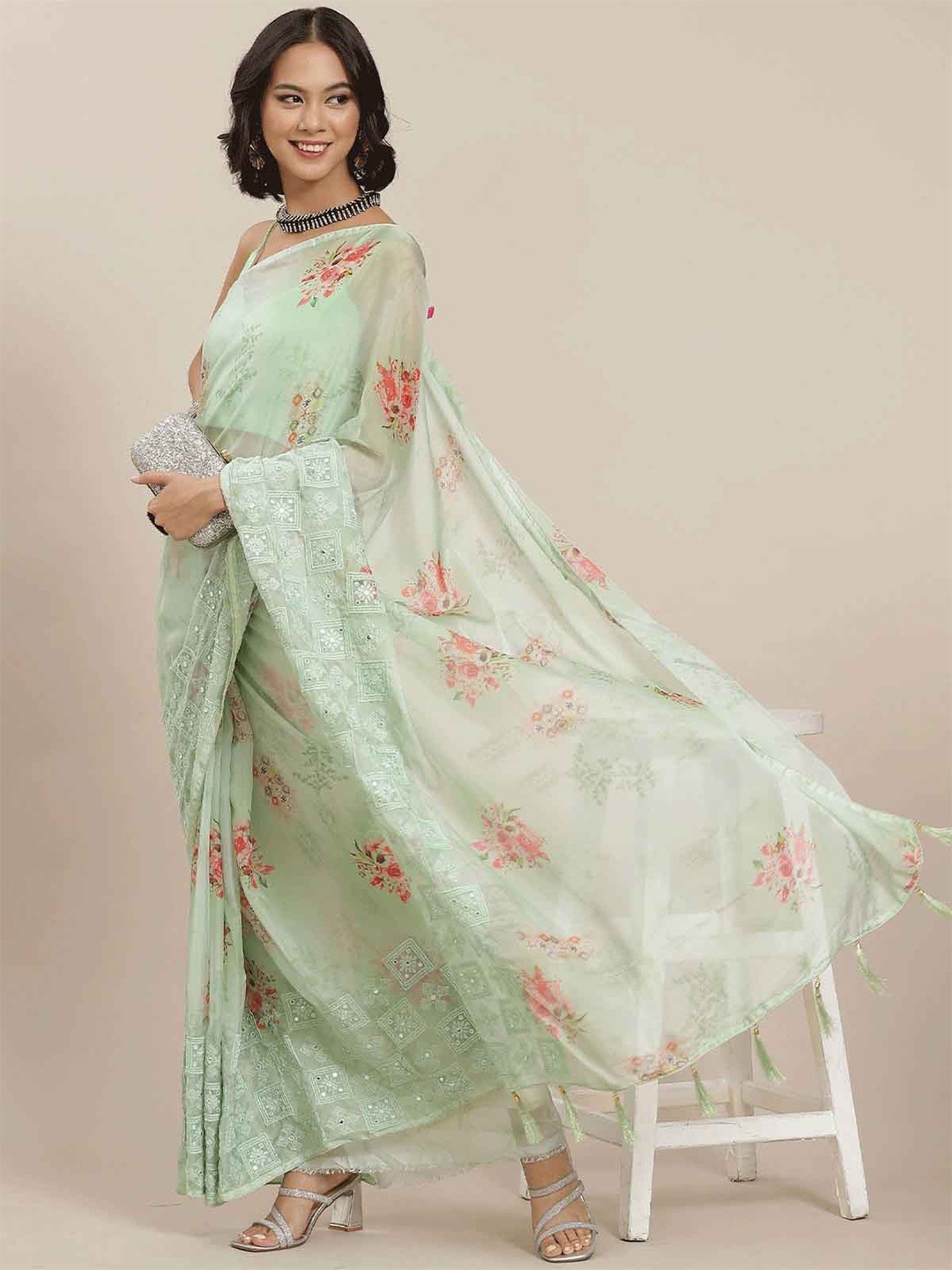 

ODETTE Green & Red Floral Embroidered Silk Blend Saree