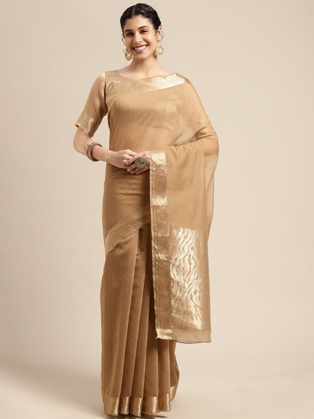 

ODETTE Camel Brown & Gold-Toned Zari Linen Blend Taant Saree