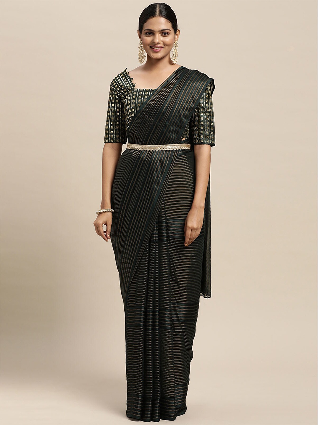 

ODETTE Green Striped Saree
