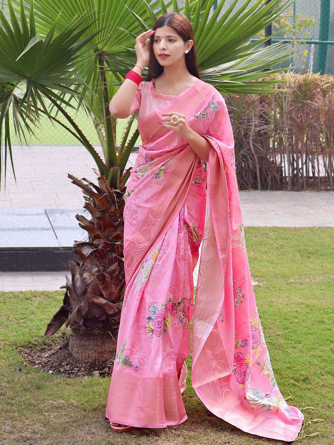 

ODETTE Pink & Green Floral Zari Silk Blend Saree