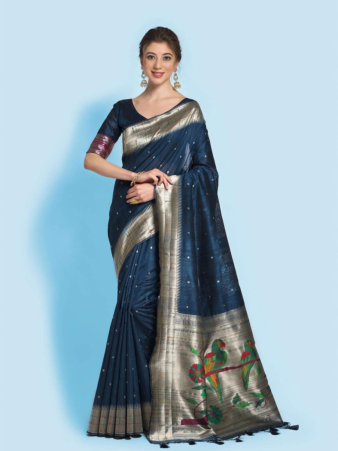 

ODETTE Blue & Red Woven Design Zari Silk Blend Saree