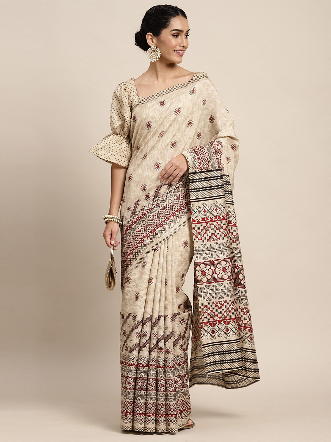 

ODETTE Beige & Red Floral Silk Blend Saree