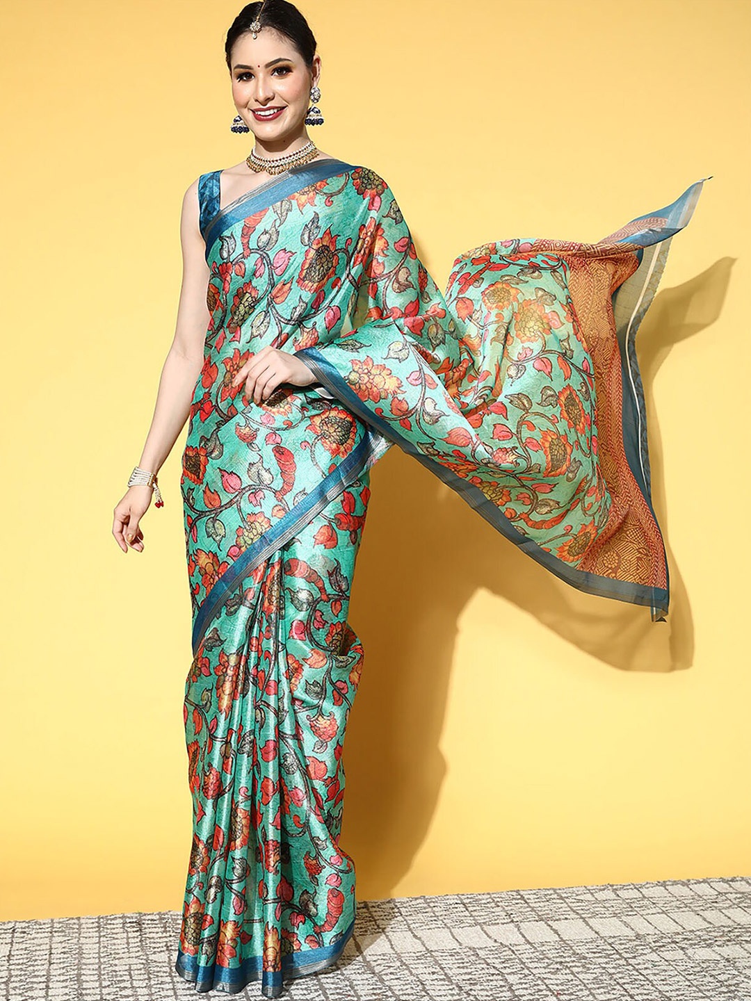 

ODETTE Sea Green & Yellow Kalamkari Linen Blend Saree
