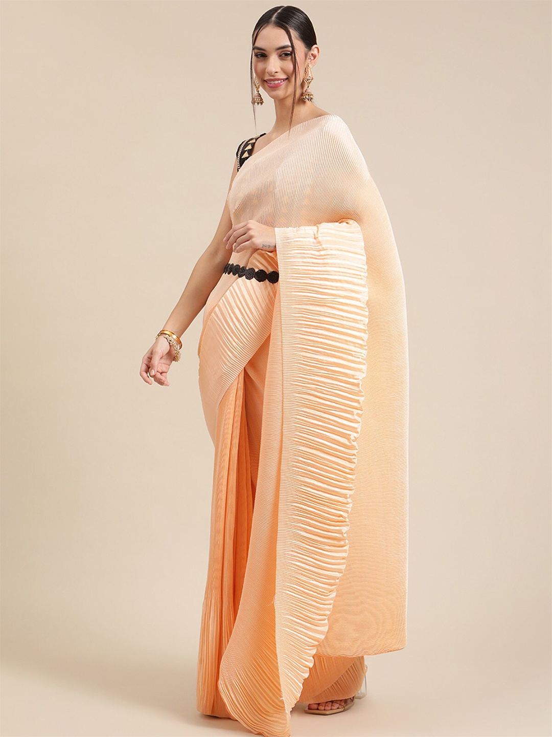 

ODETTE Peach-Coloured Pure Crepe Accordion pleated Saree
