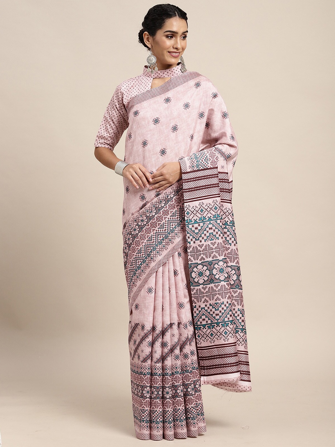 

ODETTE Pink & Blue Ethnic Motifs Silk Blend Saree