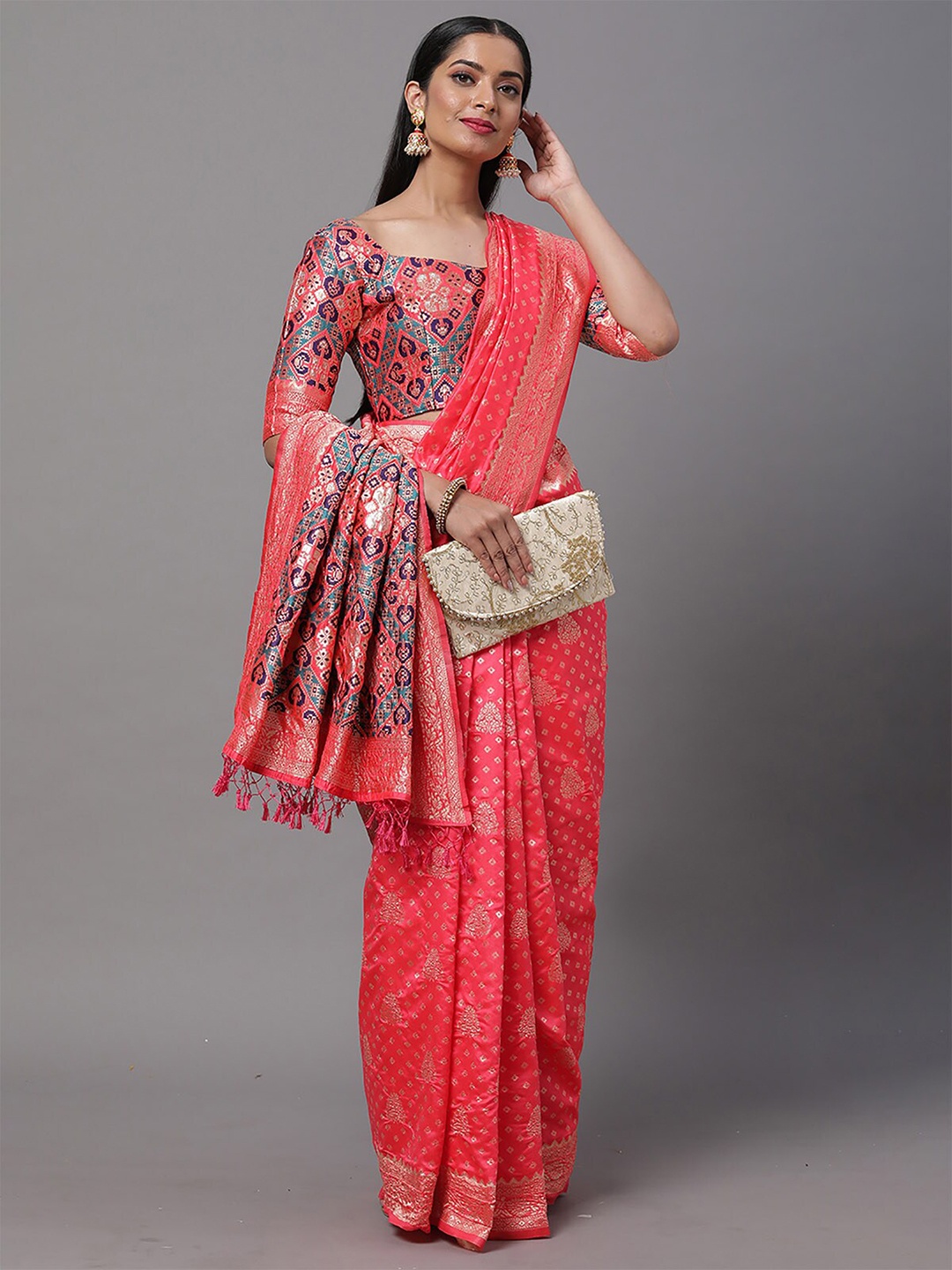 

ODETTE Pink & Grey Woven Design Zari Silk Blend Dharmavaram Saree