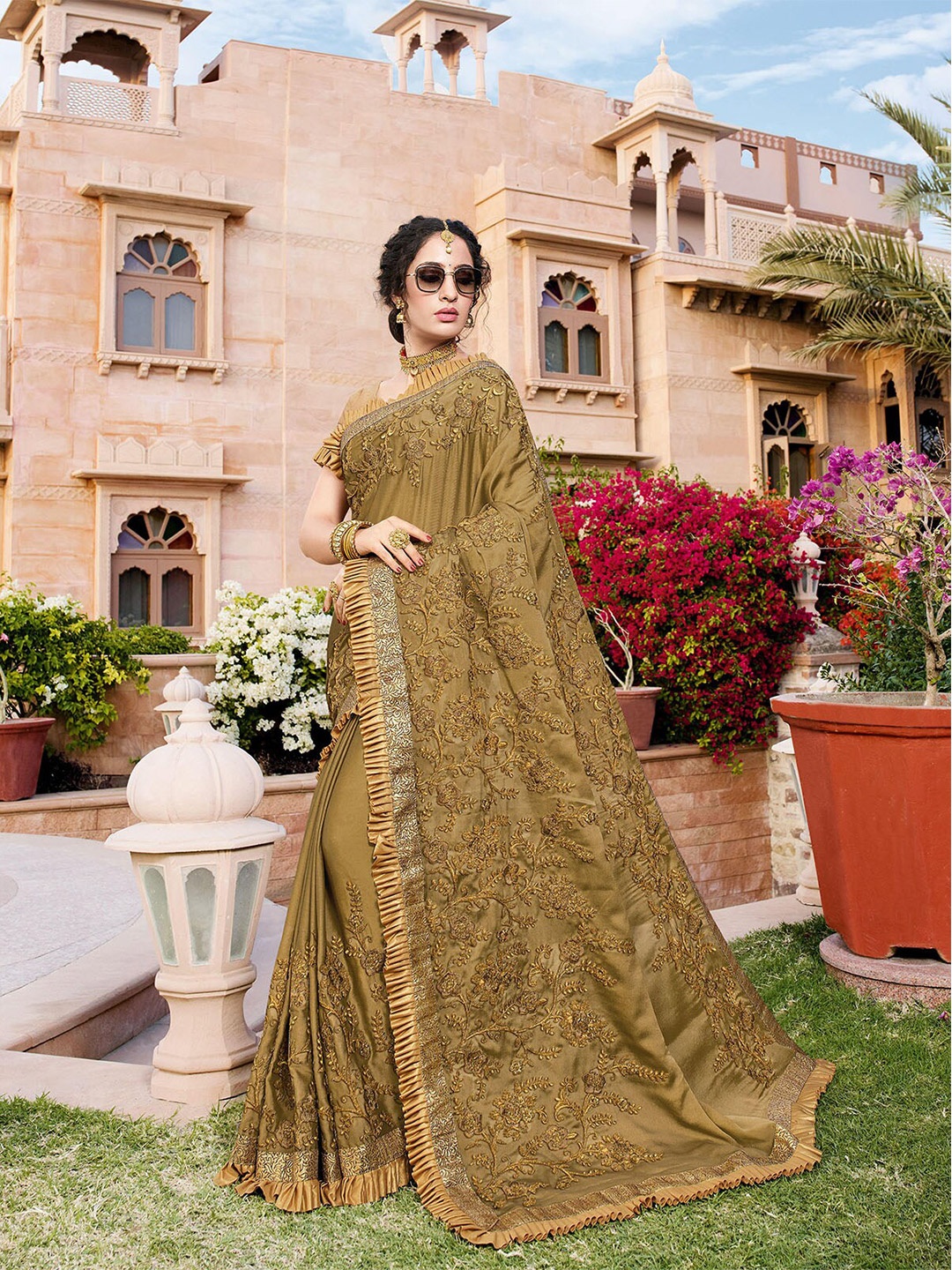 

ODETTE Olive Green Floral Embroidered Art Silk Saree