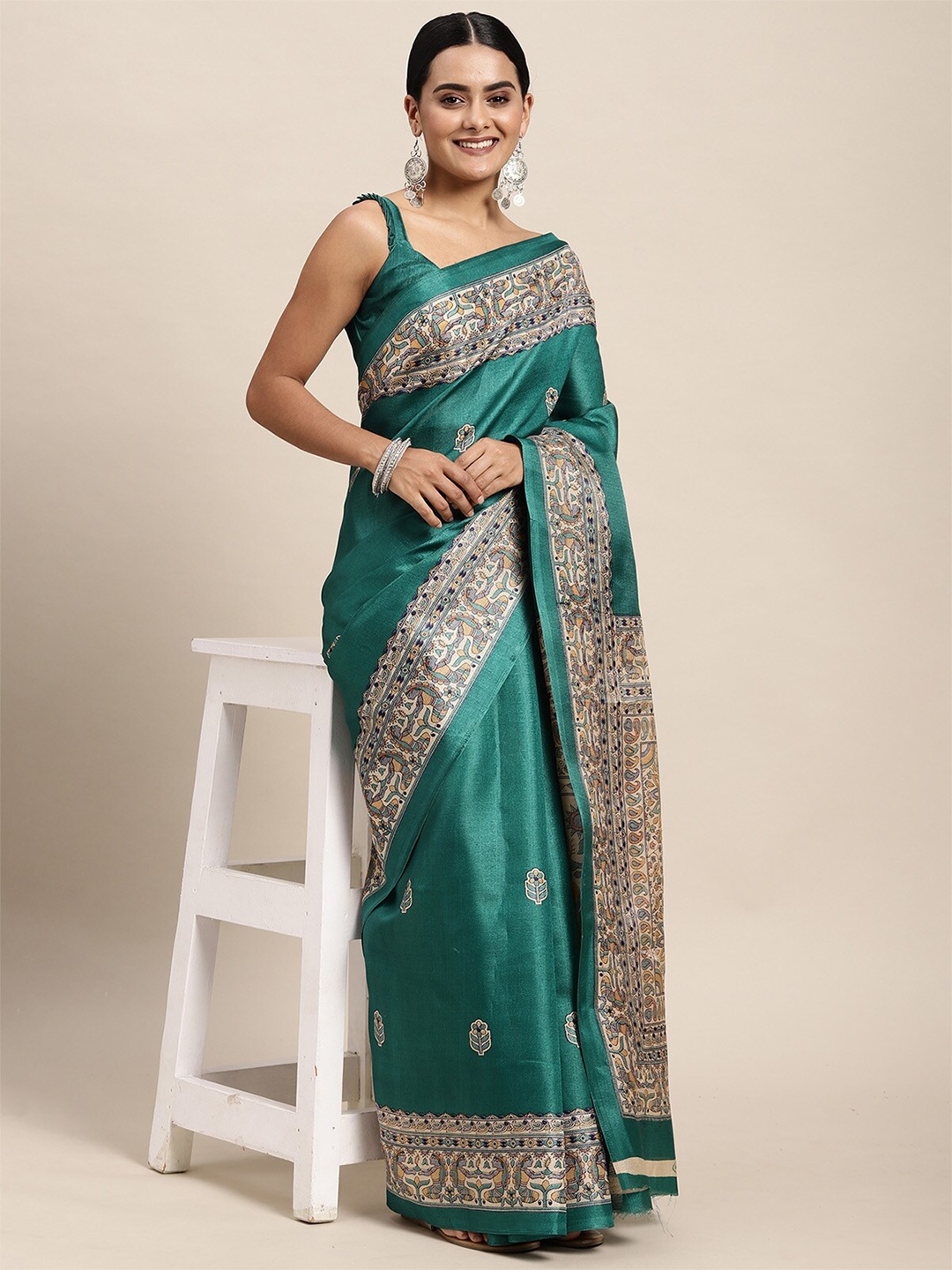 

ODETTE Teal & Beige Ethnic Motifs Silk Blend Saree