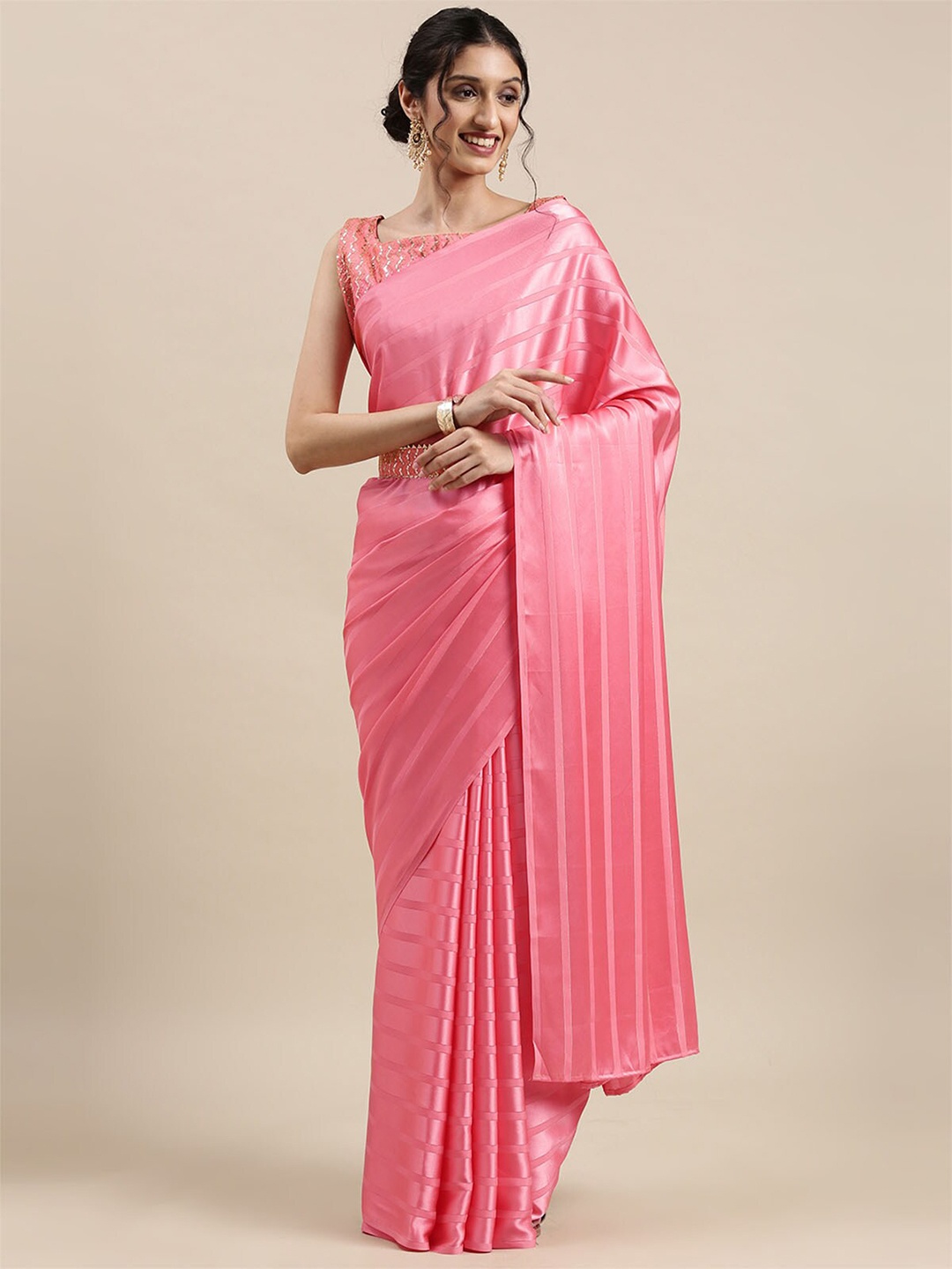 

ODETTE Pink Striped Satin Saree