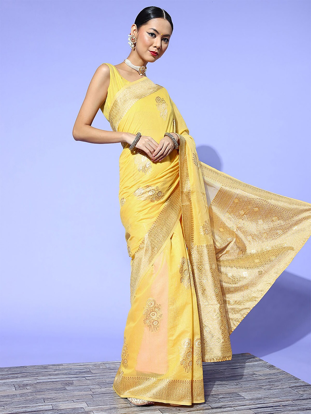 

ODETTE Yellow & Gold-Toned Ethnic Motifs Zari Saree