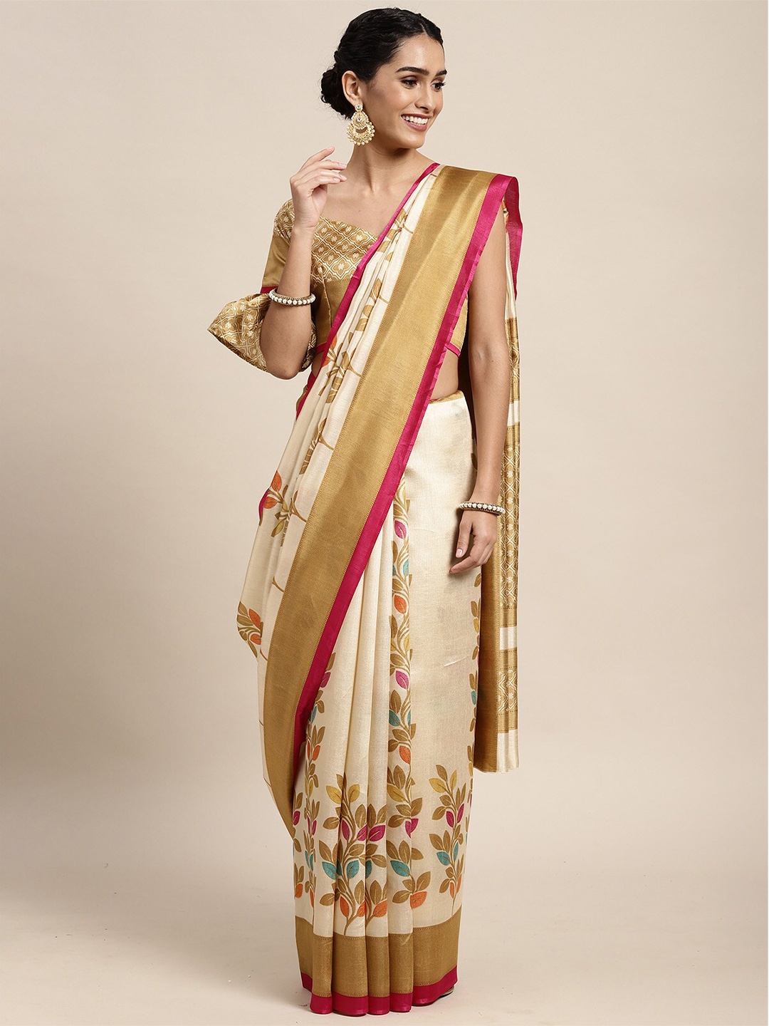

ODETTE Beige & Gold-Toned Floral Zari Silk Blend Saree