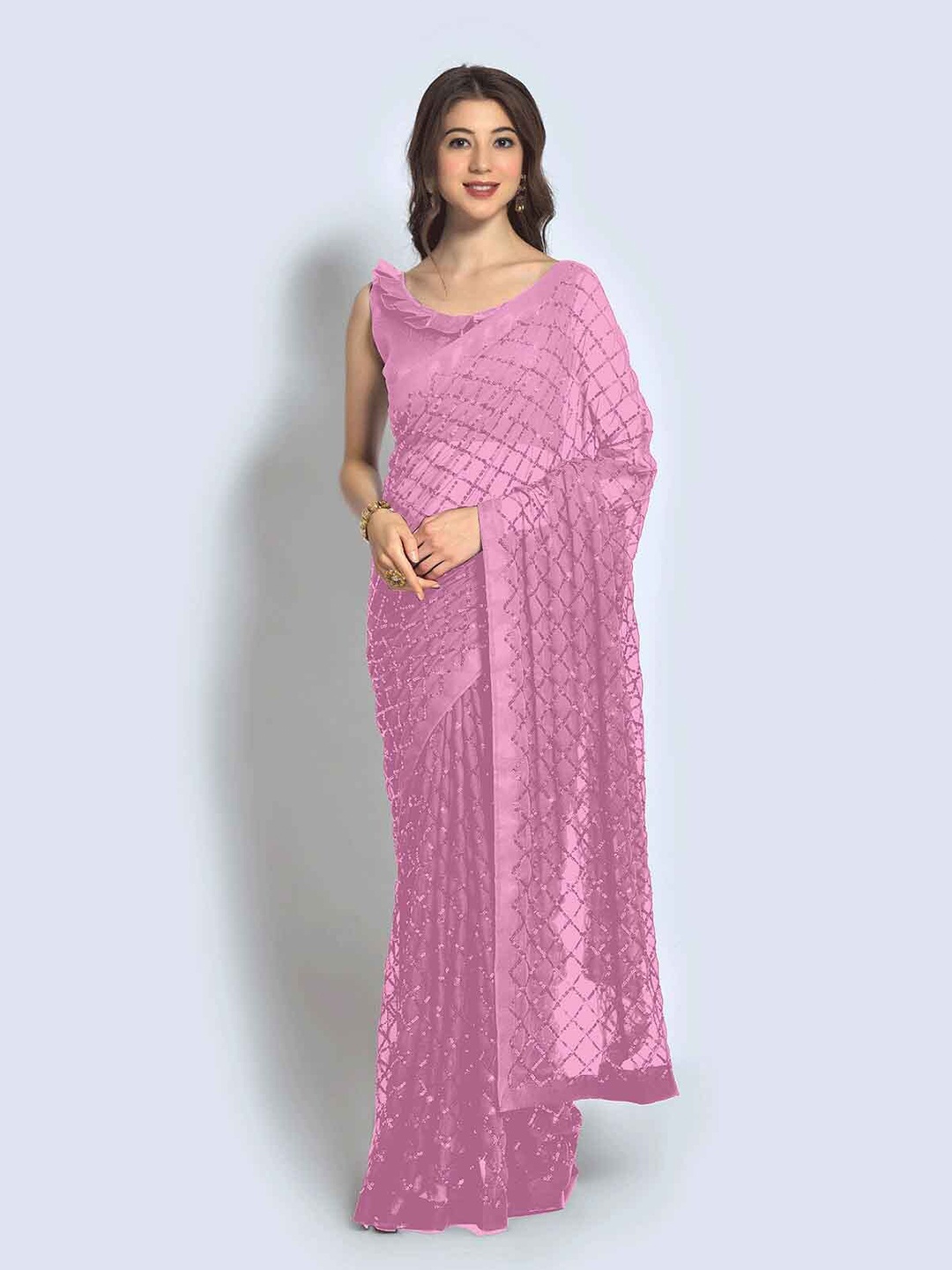 

ODETTE Pink Sequinned Saree