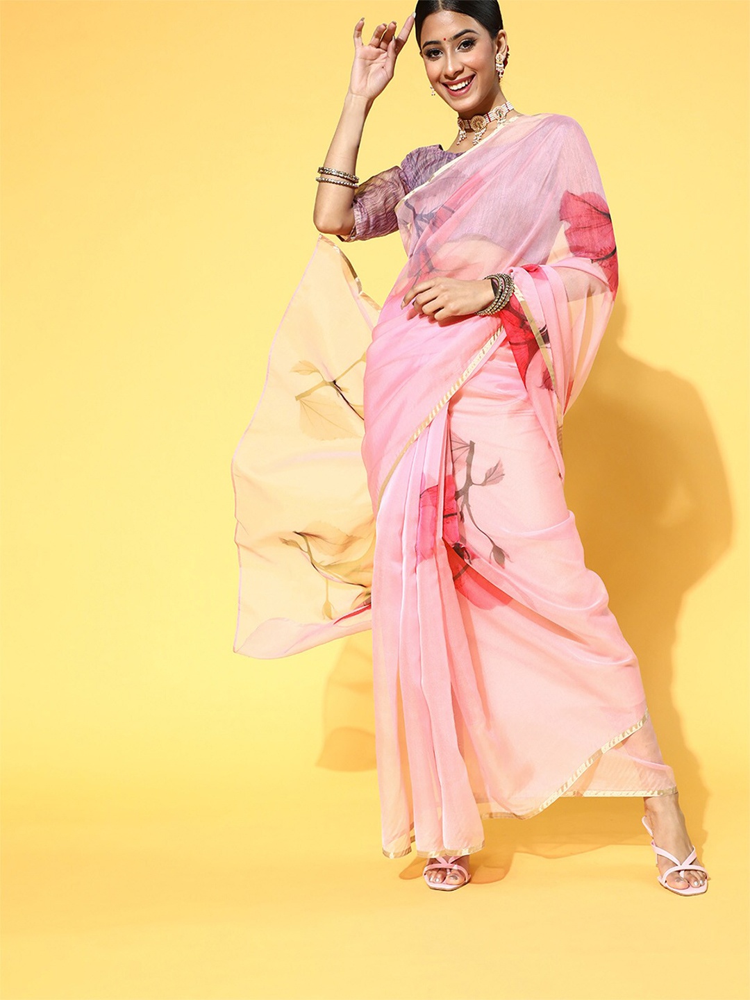 

ODETTE Pink & Red Floral Organza Saree