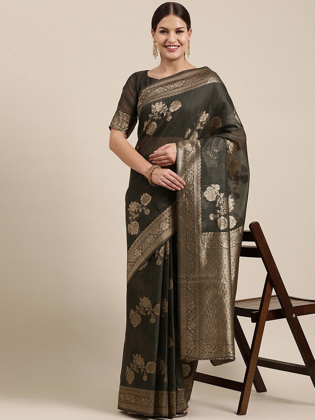 

ODETTE Charcoal & Gold-Toned Floral Zari Linen Blend Banarasi Saree