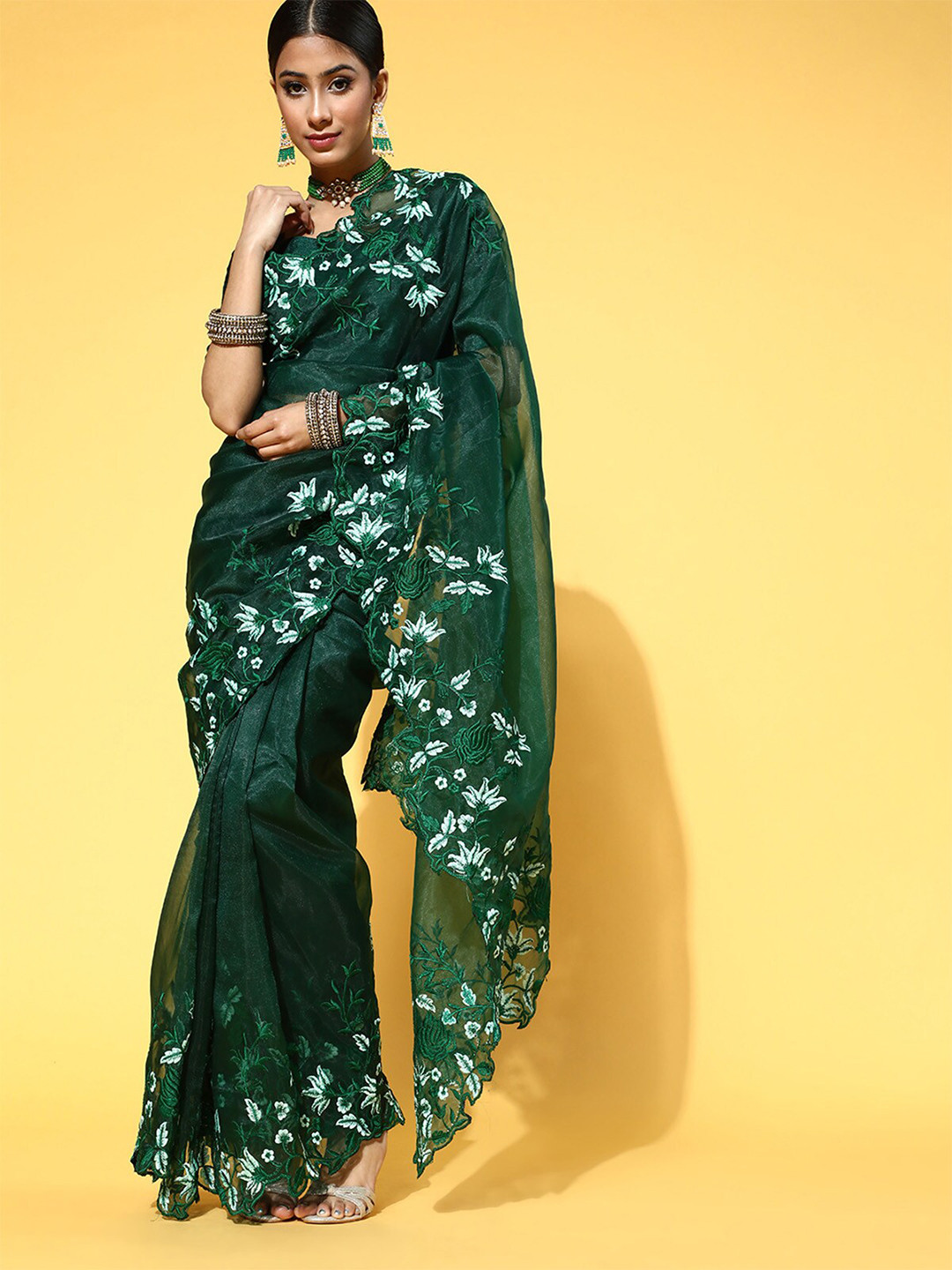 

ODETTE Green & Blue Embroidered Organza Saree
