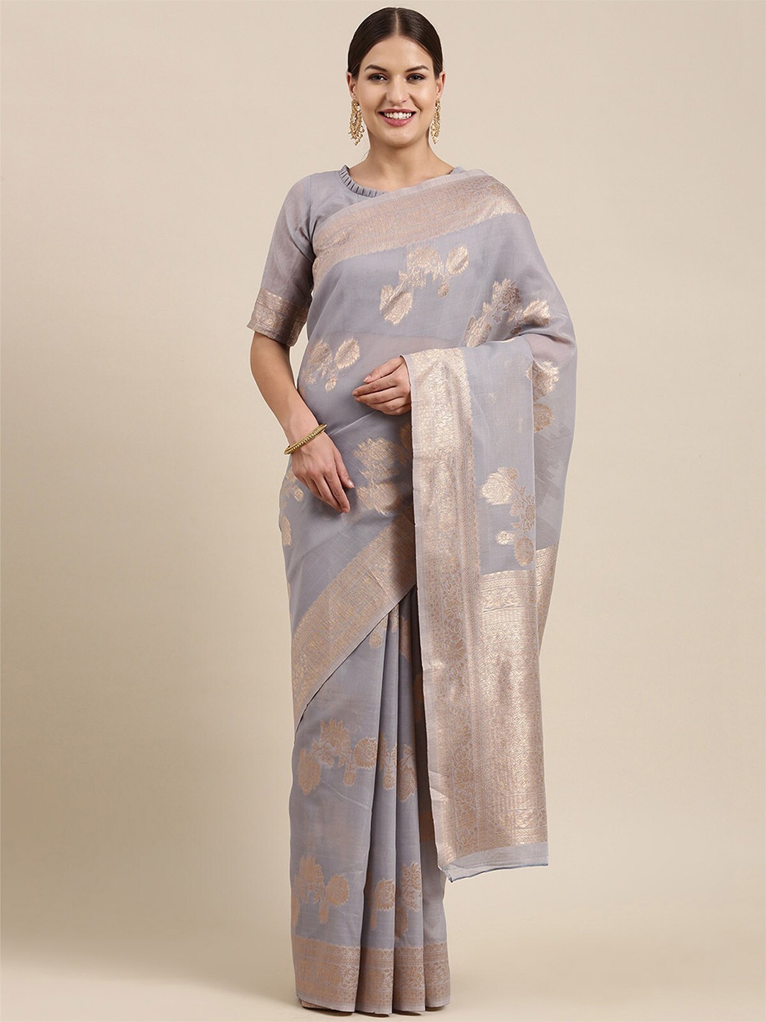 

ODETTE Grey & Gold-Toned Woven Design Zari Linen Blend Banarasi Saree