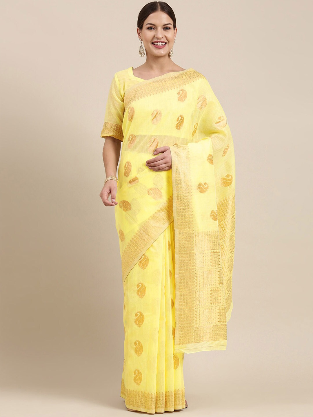 

ODETTE Yellow & Gold-Toned Ethnic Motifs Zari Linen Blend Banarasi Saree