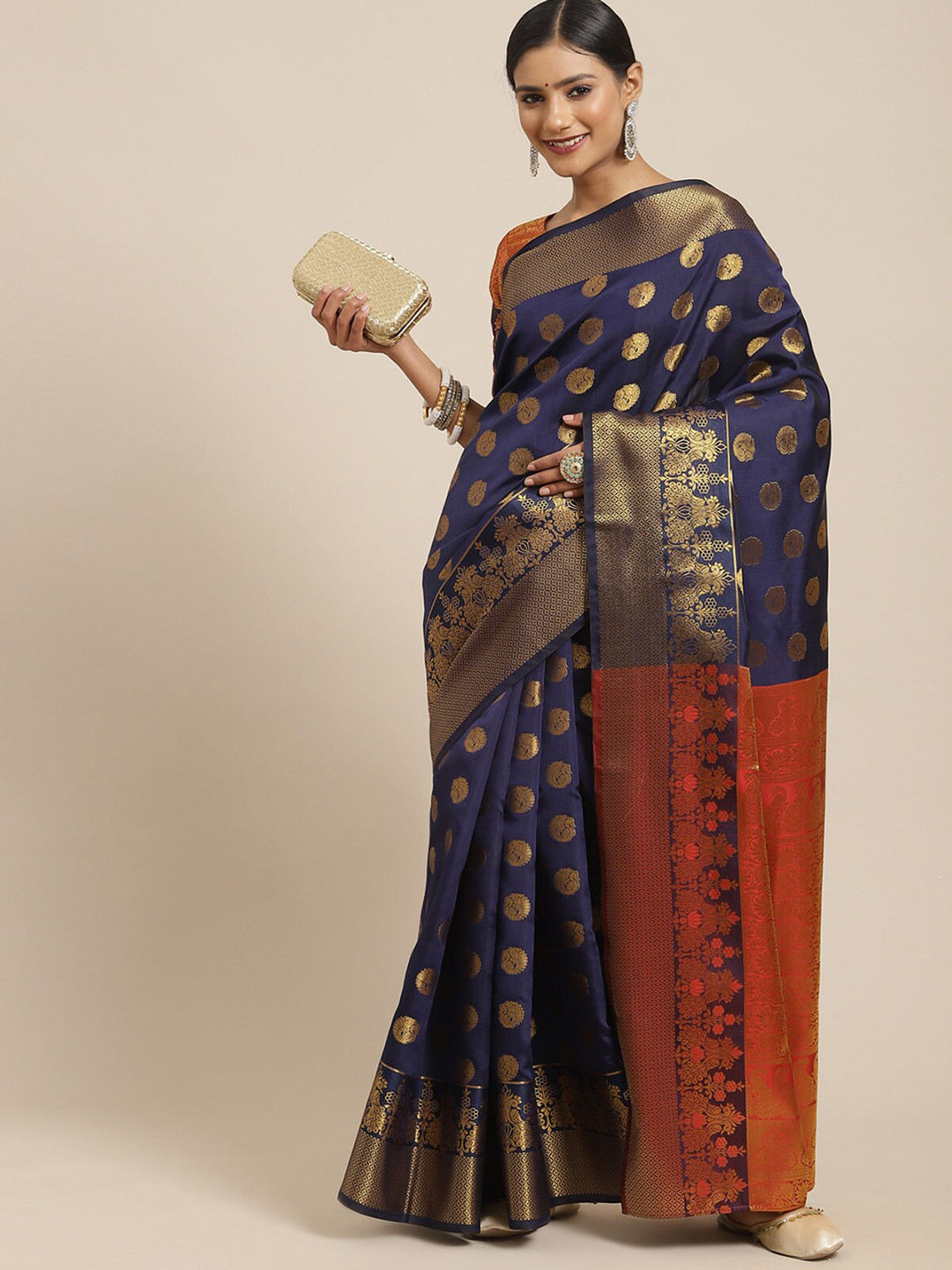 

ODETTE Navy Blue & Red Ethnic Motifs Zari Silk Blend Kanjeevaram Saree