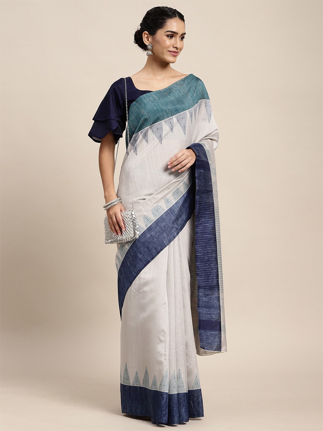 

ODETTE Grey & Blue Silk Blend Saree