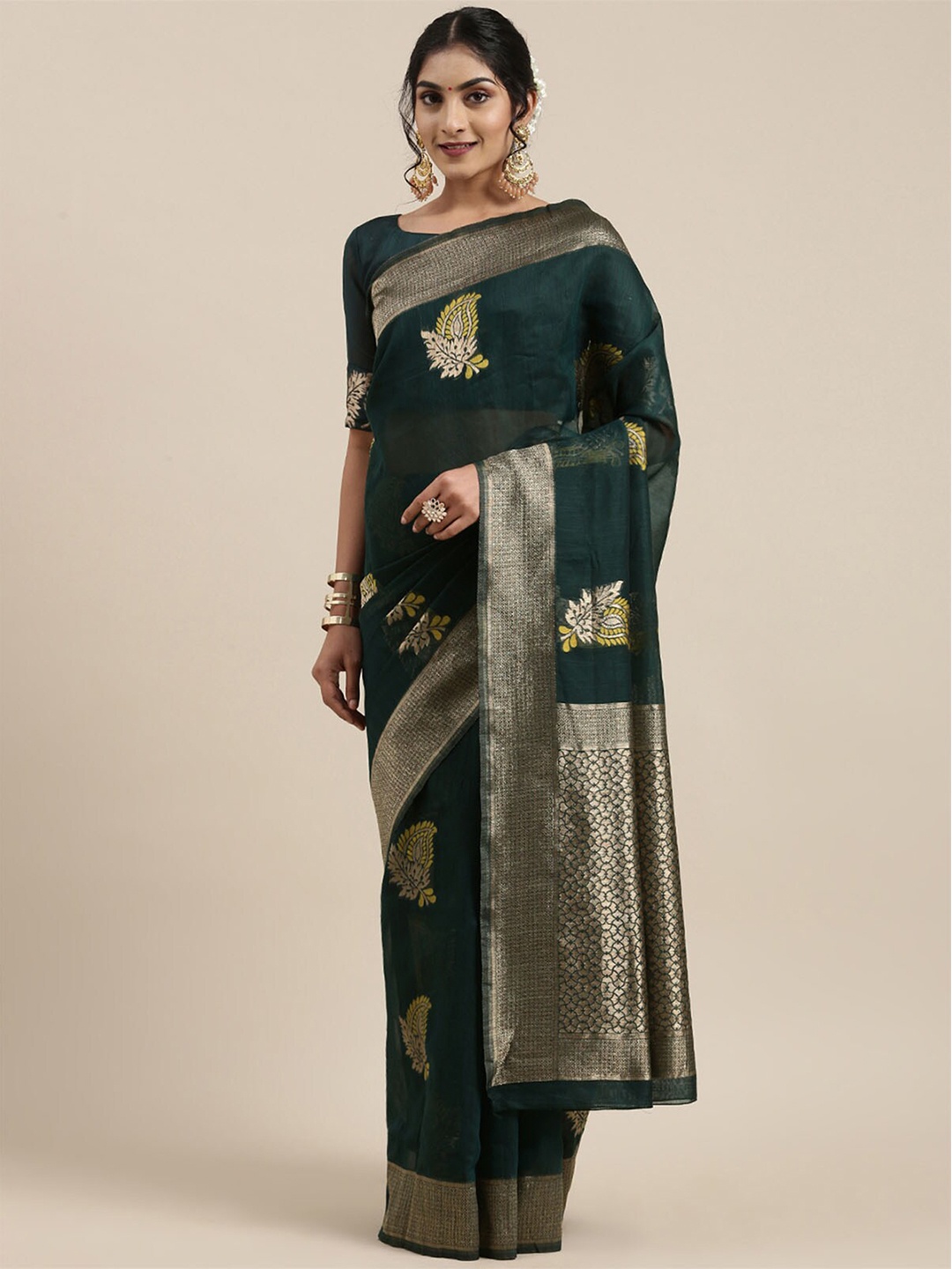 

ODETTE Teal & Gold-Toned Woven Design Zari Linen Blend Banarasi Saree