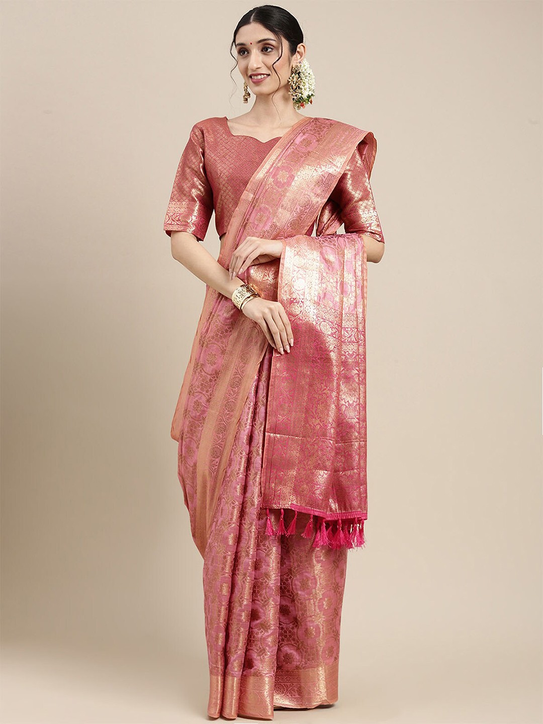 

ODETTE Pink & Gold-Toned Woven Design Zari Silk Blend Kanjeevaram Saree