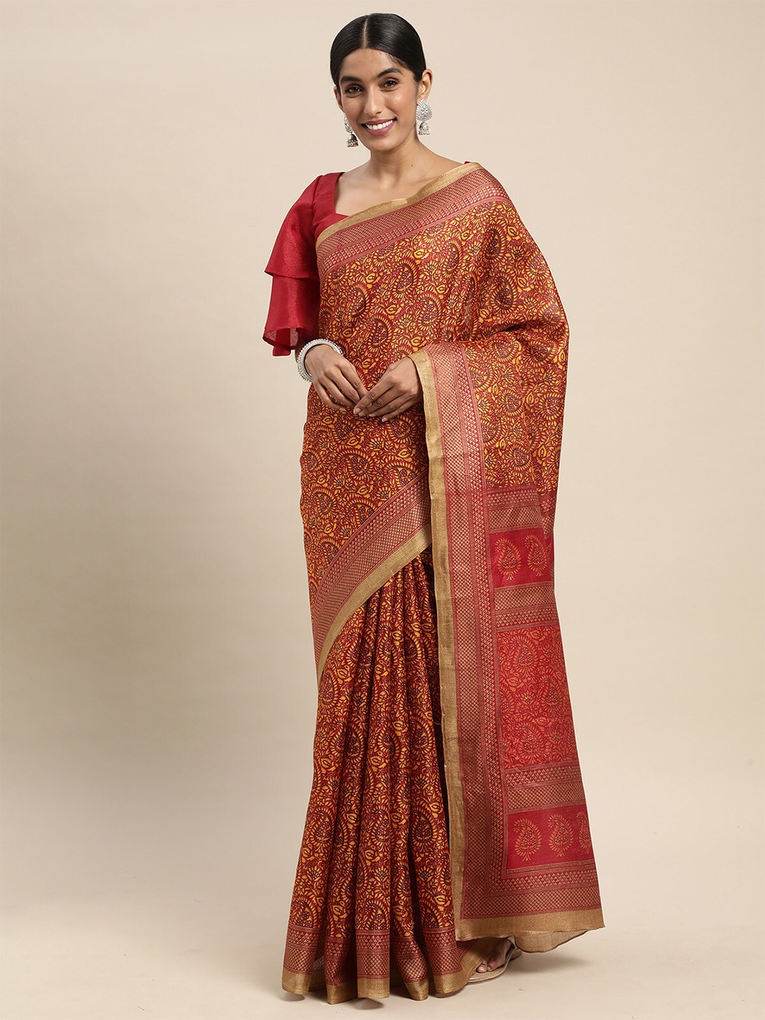 

ODETTE Mustard & Brown Ethnic Motifs Silk Blend Saree