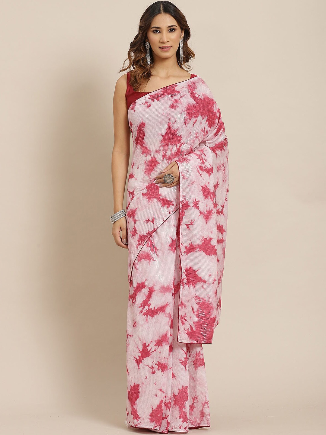 

ODETTE Pink & White Embellished Sequinned Saree