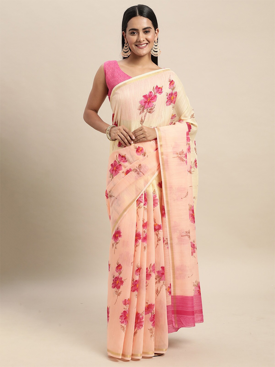 

ODETTE Peach-Coloured & Red Floral Zari Linen Blend Saree