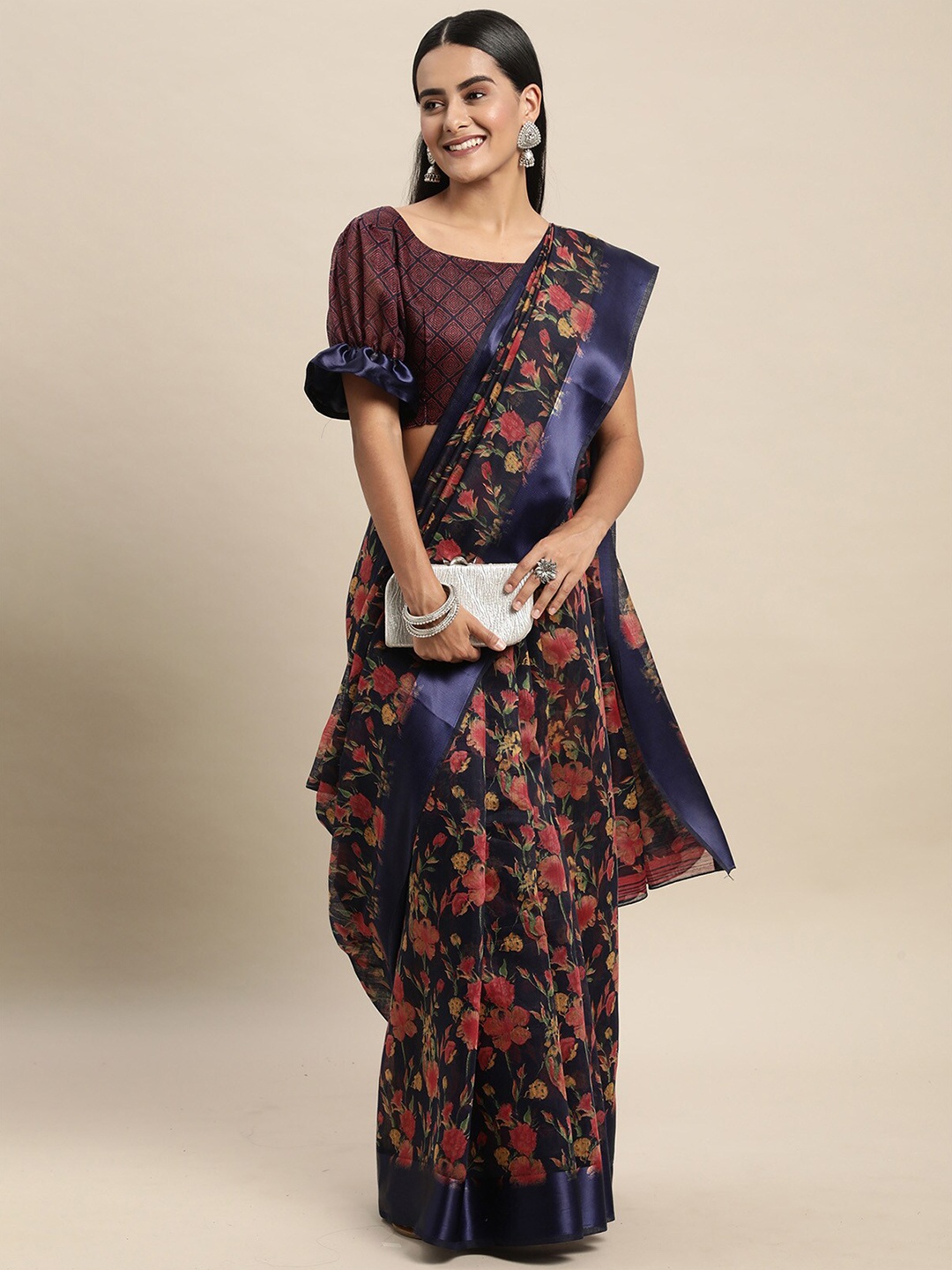 

ODETTE Navy Blue & Red Floral Silk Cotton Saree