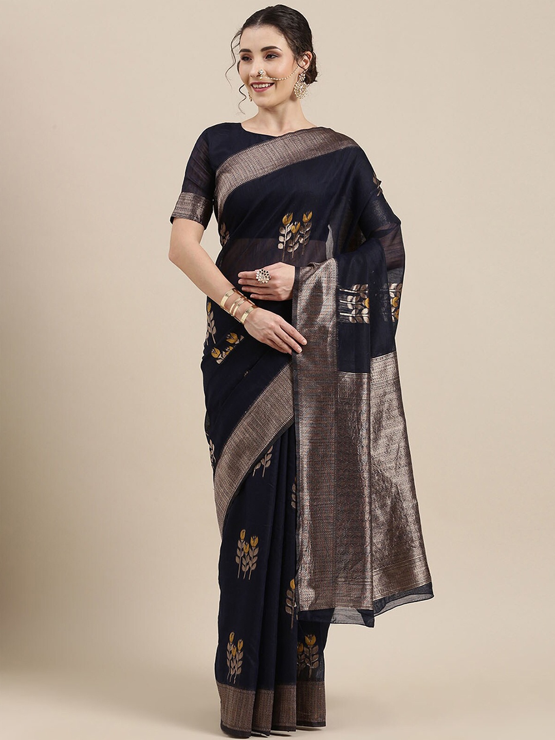 

ODETTE Navy Blue & Gold-Toned Ethnic Motifs Zari Linen Blend Banarasi Saree