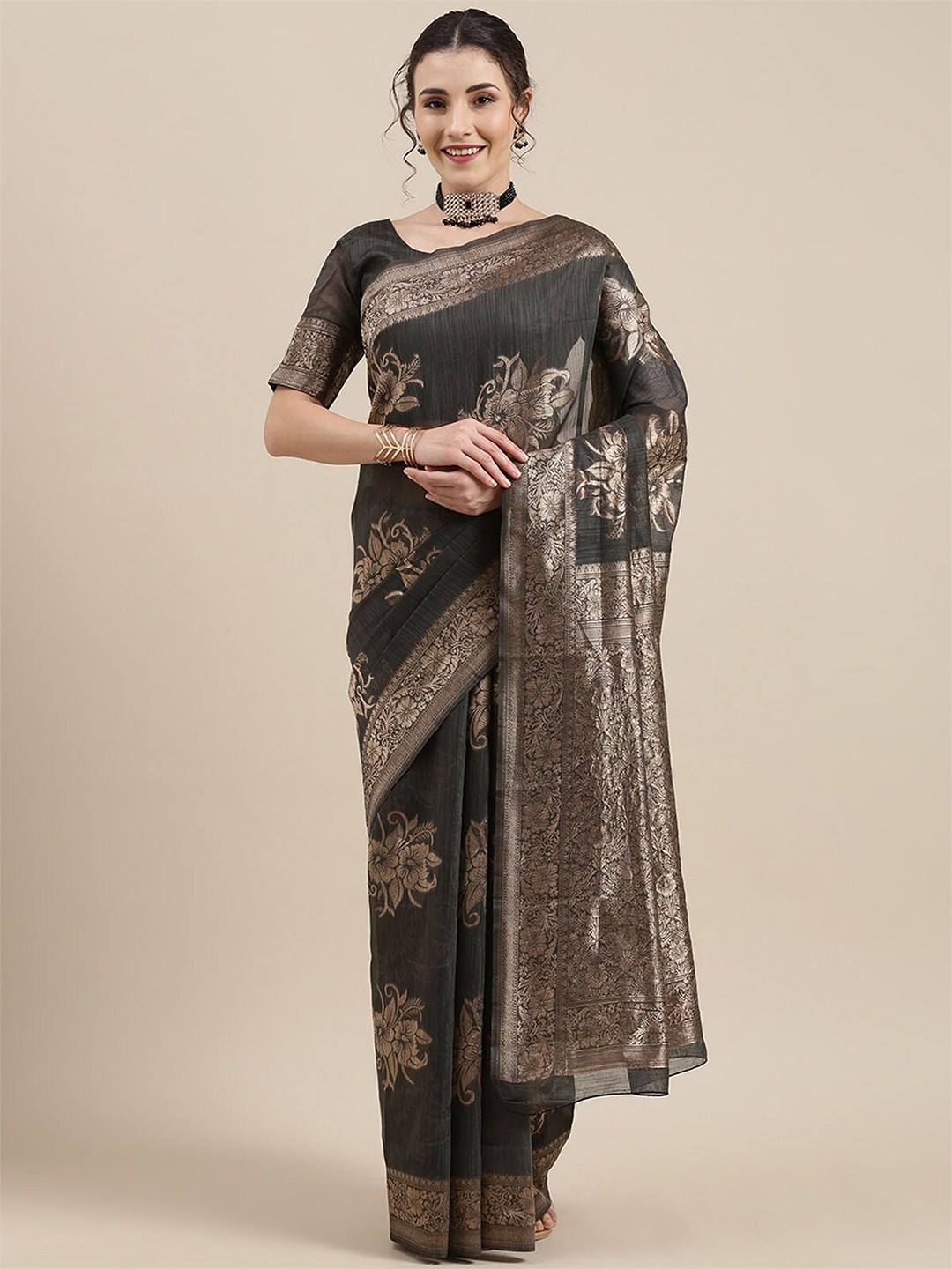 

ODETTE Grey & Gold-Toned Floral Zari Linen Blend Banarasi Saree