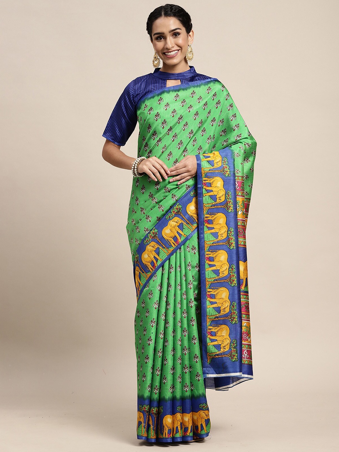 

ODETTE Green & Blue Ethnic Motifs Silk Blend Saree