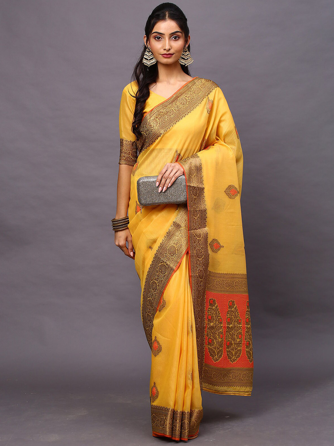 

ODETTE Yellow & Gold-Toned Ethnic Motifs Zari Silk Blend Banarasi Saree