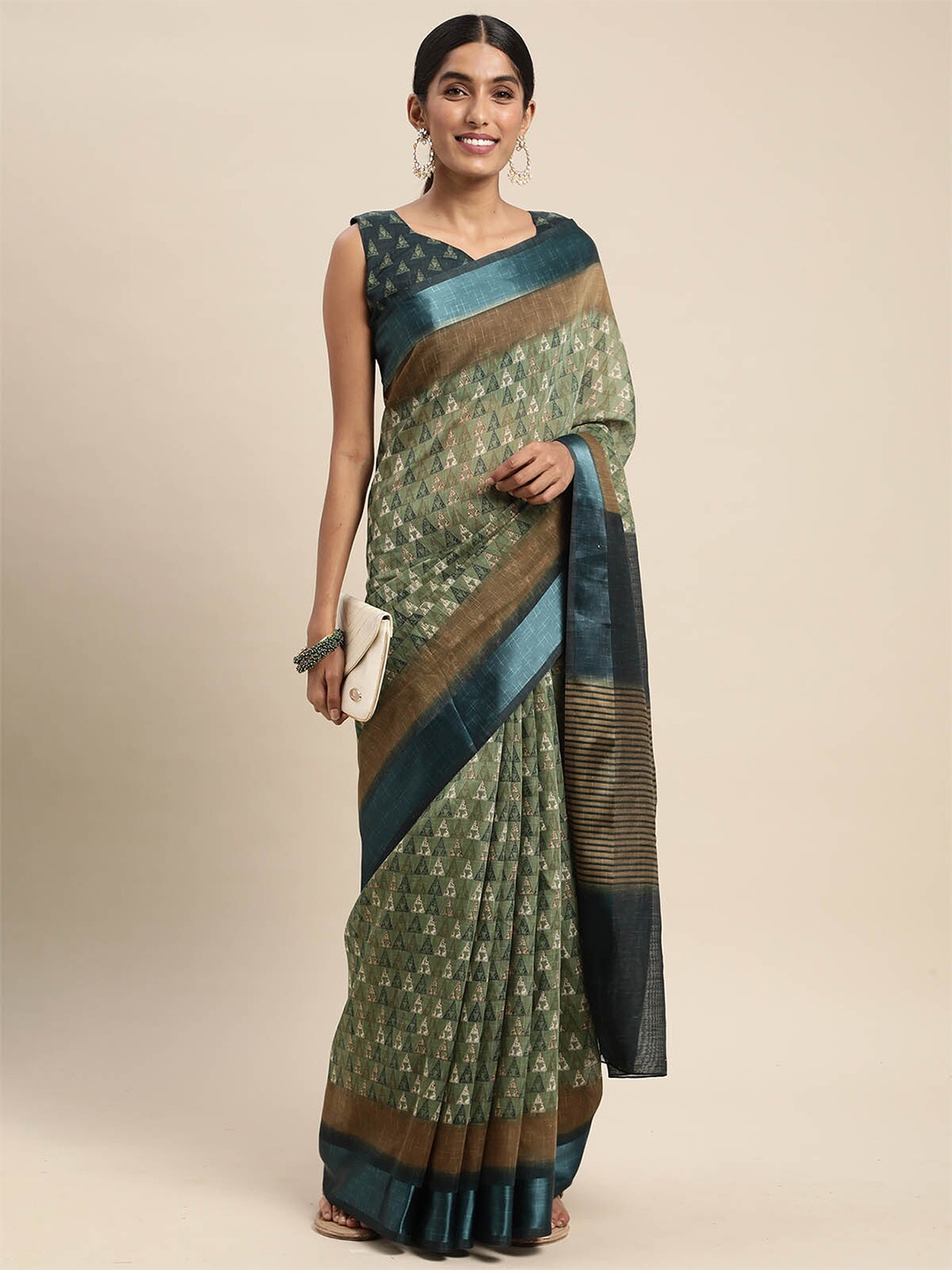 

ODETTE Olive Green & Blue Geometric Printed Saree