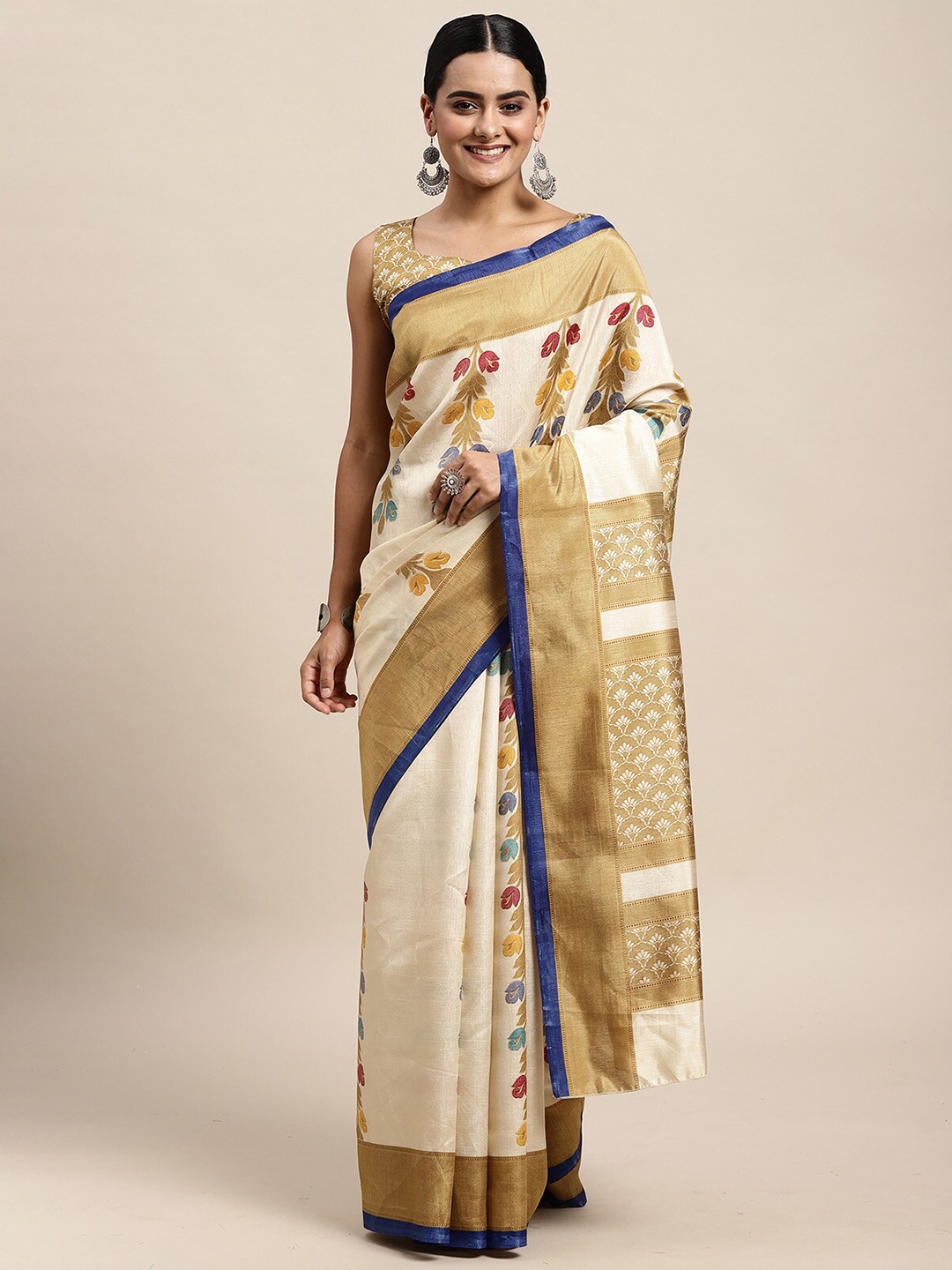 

ODETTE Beige & Red Floral Zari Silk Blend Saree