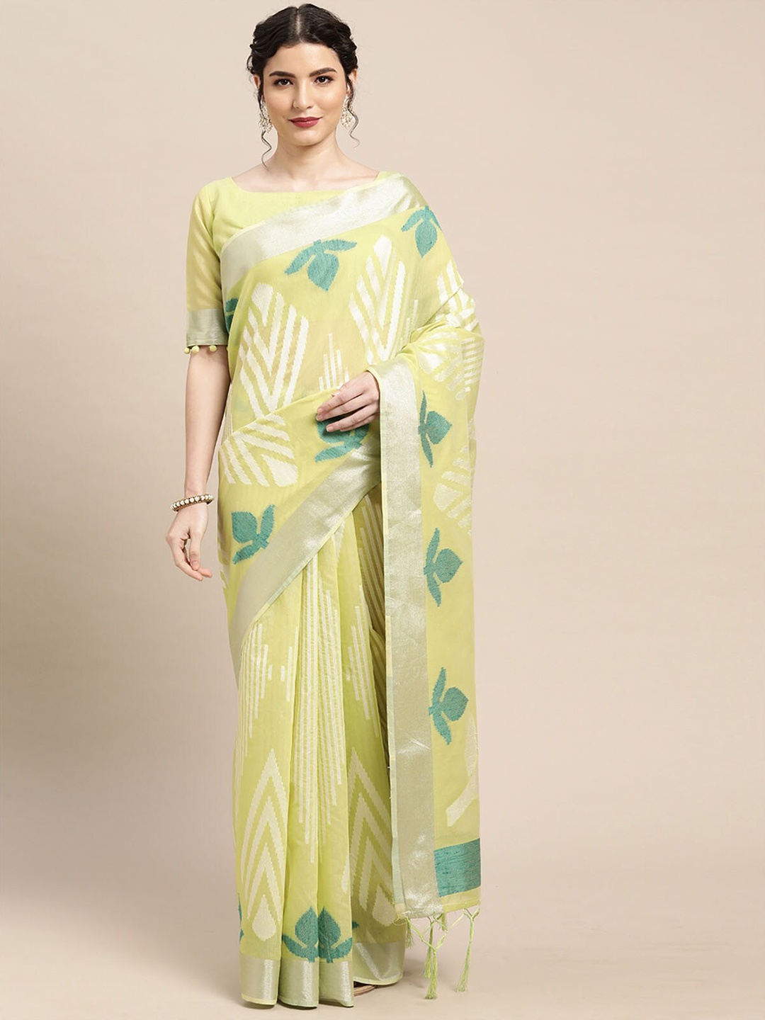 

ODETTE Lime Green & Silver-Toned Zari Uppada Saree