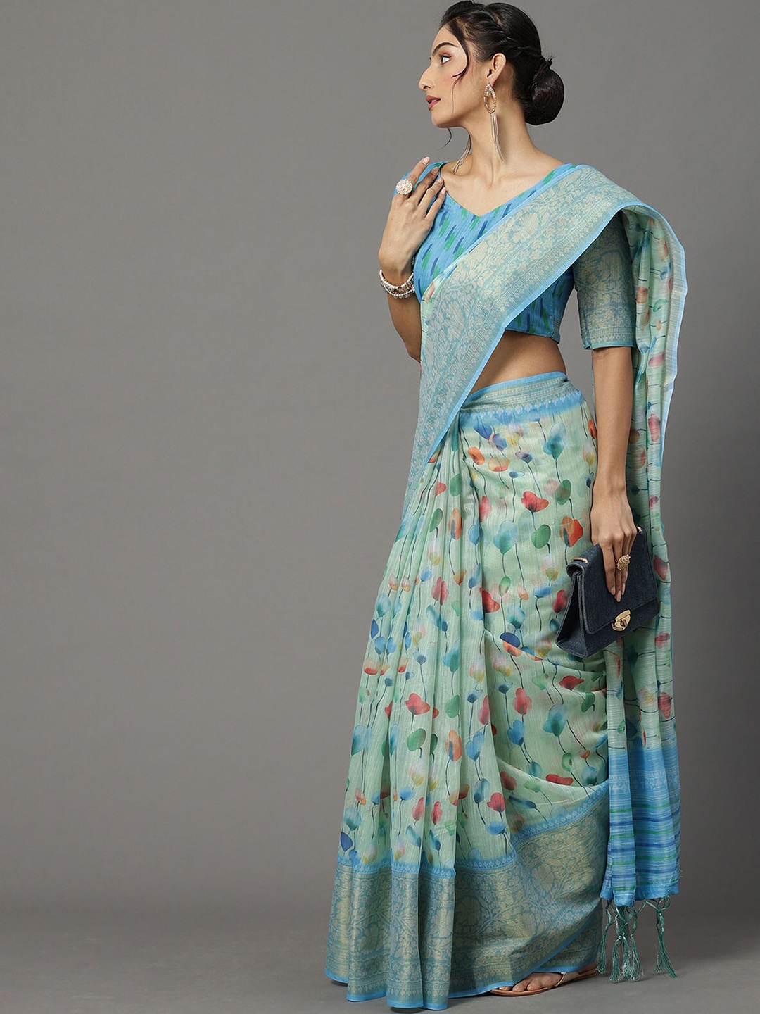 

ODETTE Sea Green & Orange Floral Zari Silk Blend Banarasi Saree